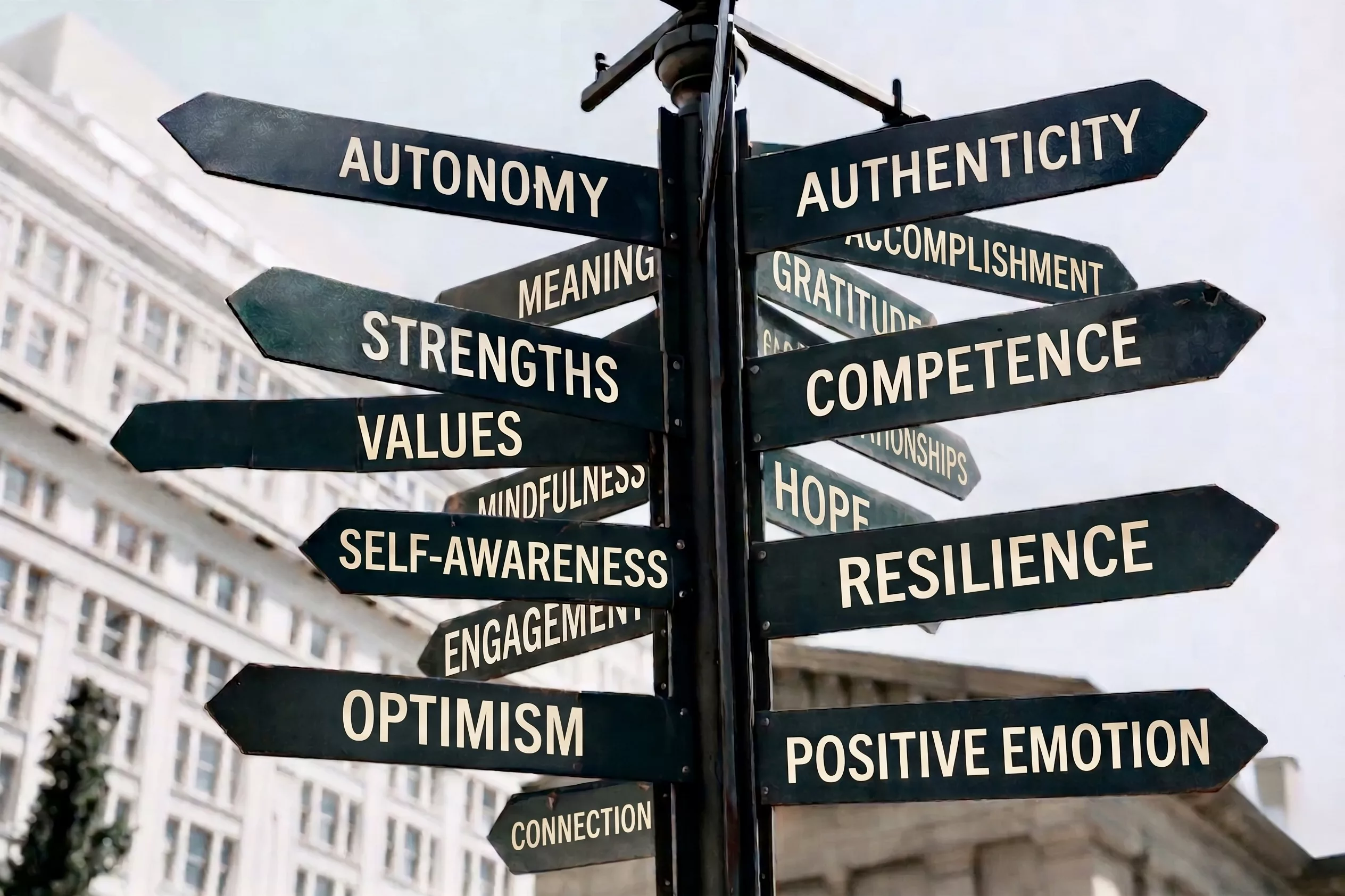 A signpost whose arms point to strengths, values, hope, resilience, optimism and other qualities