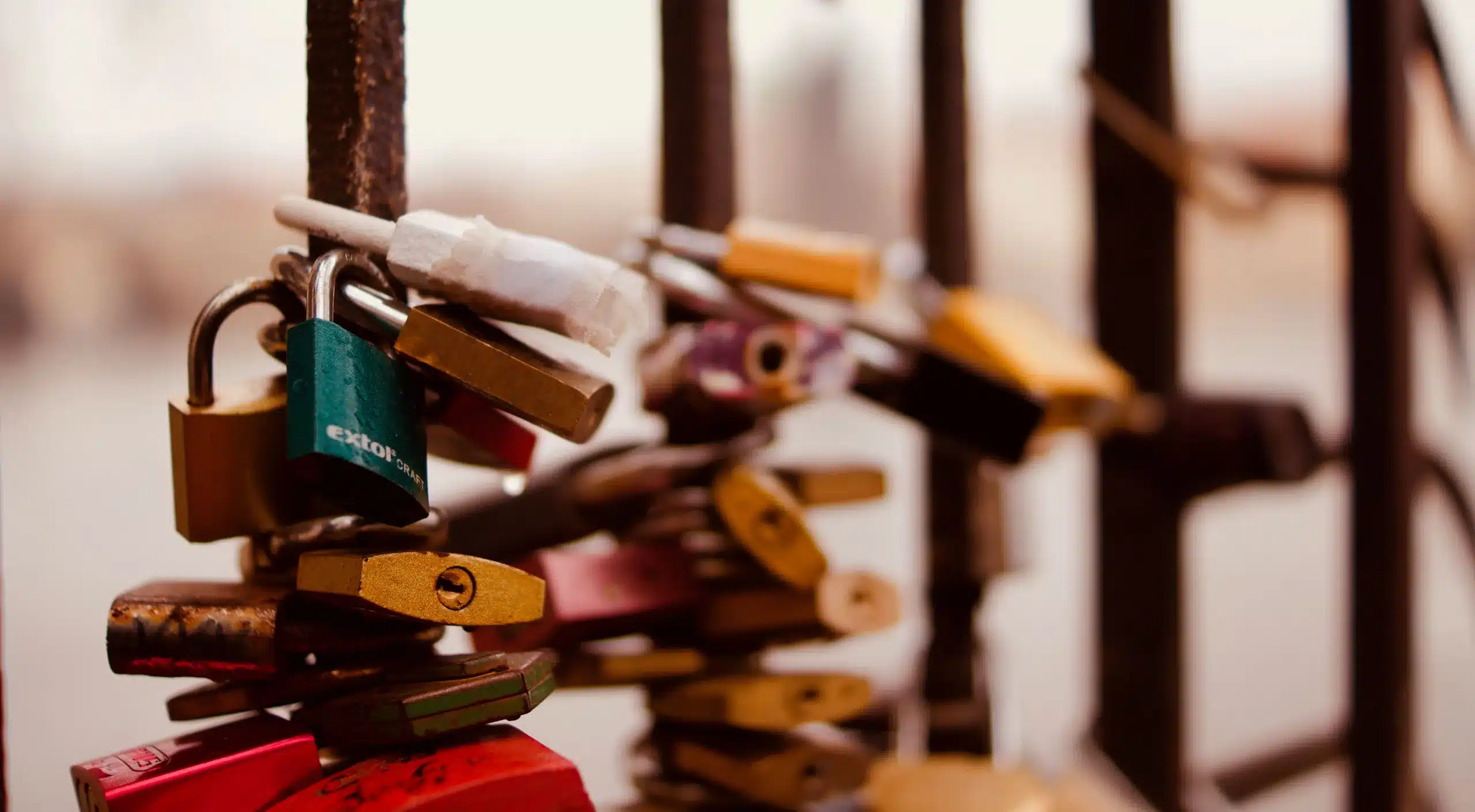 Colourful padlocks attached to a metal fence, with more locks blurred in the background.