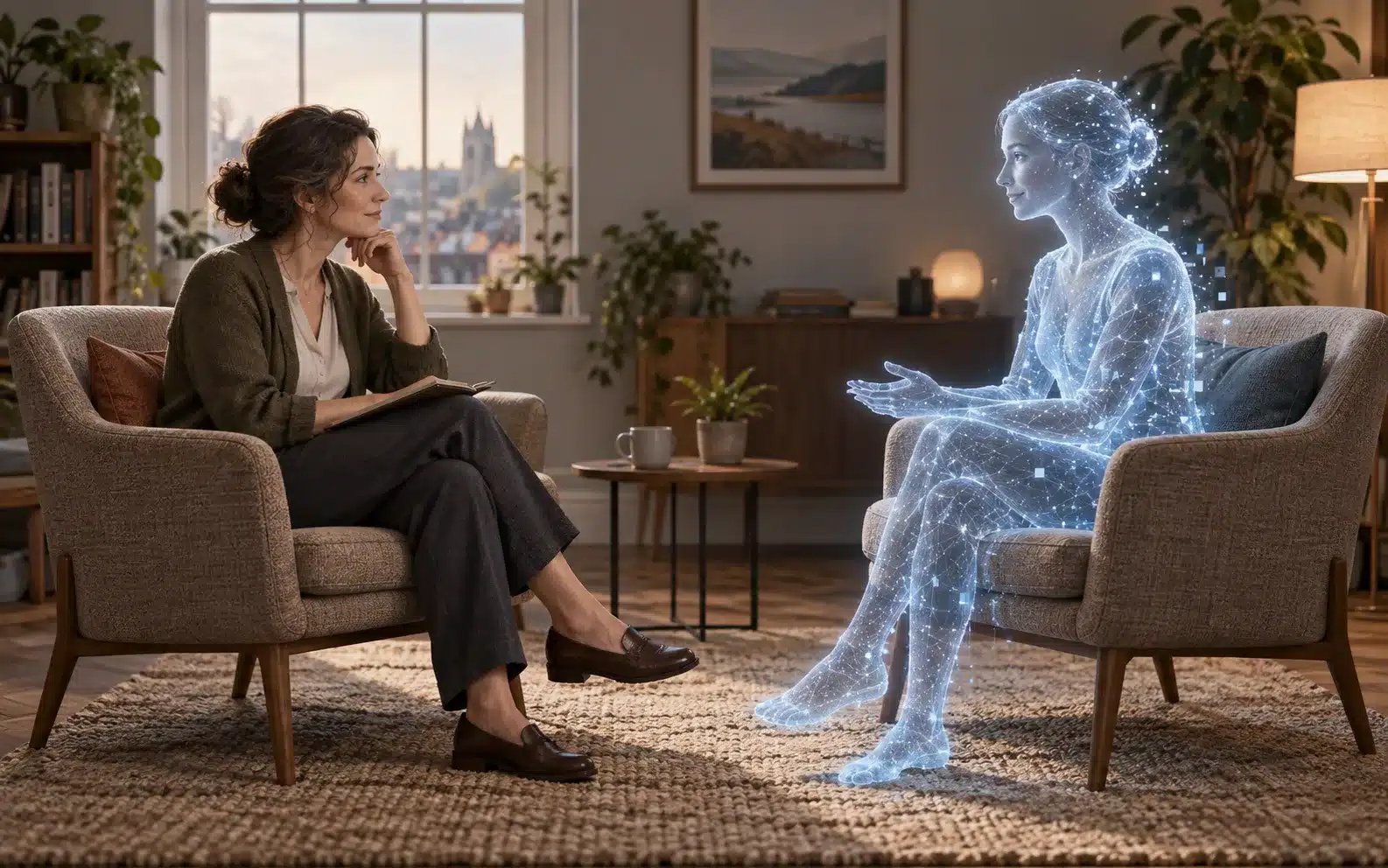 Concept illustration of a human therapist and a translucent blue digital AI therapist seated opposite one another in a quiet counselling room.